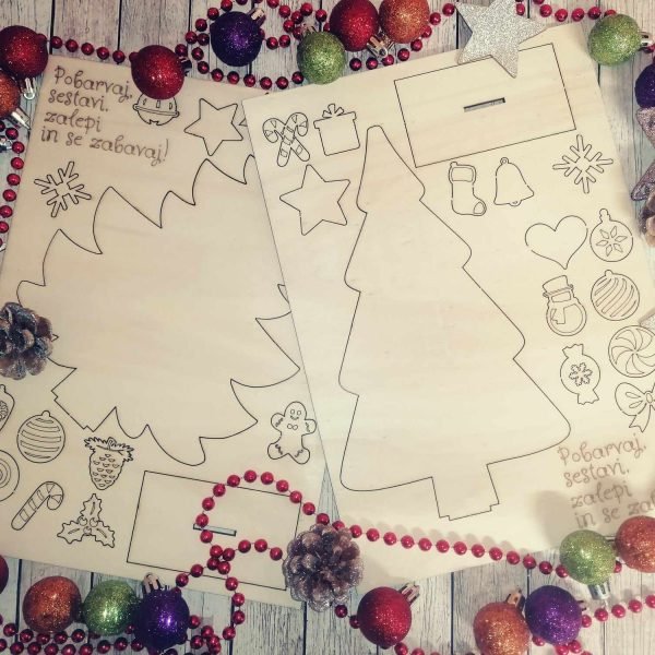 Lesena DIY smrekica – 2 motivi za barvanje